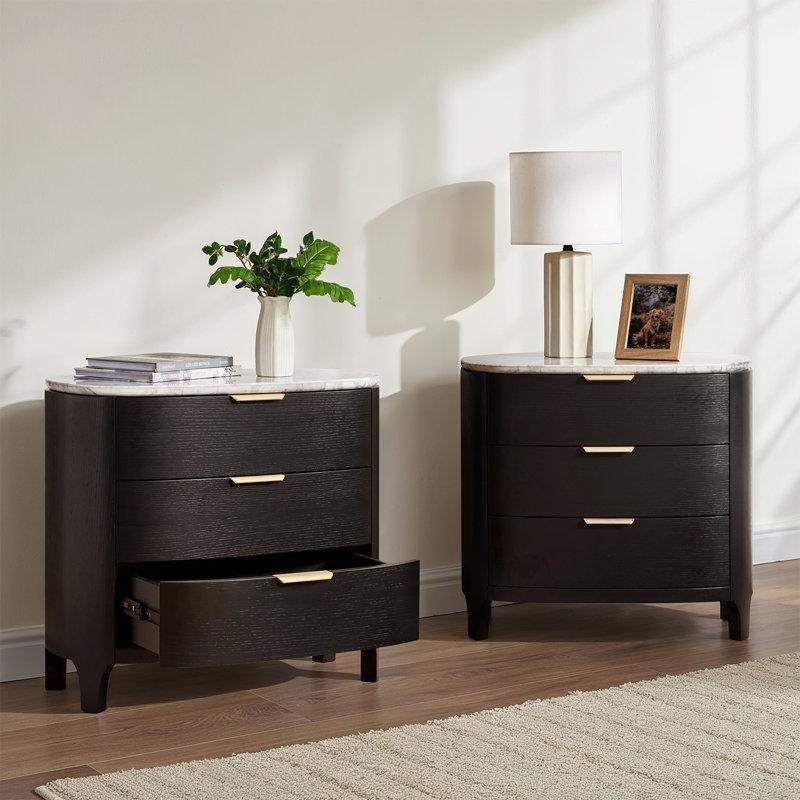 Siyah Meşe Kaplama Mermer Üst Tablalı Üç Çekmeceli Mermer Komodin Seti - 73x40x68 cm - 128062