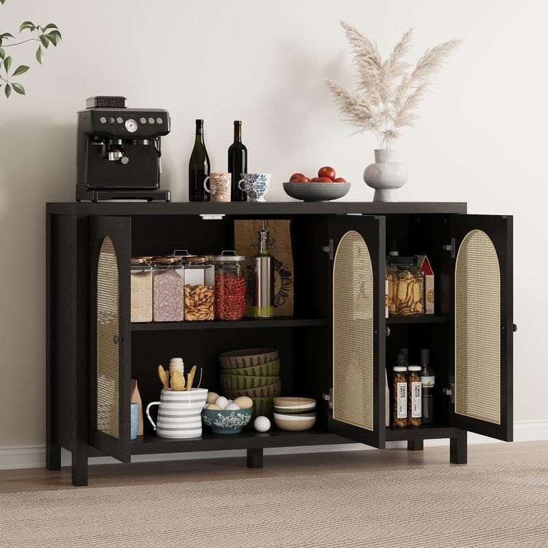 Siyah Meşe Kaplama Rattan Detaylı 3 Kapaklı Bohem Konsol - 127x39x83 cm - 128944