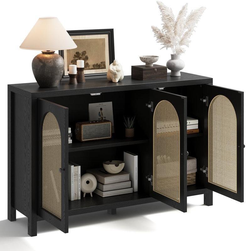 Siyah Meşe Kaplama Rattan Detaylı 3 Kapaklı Bohem Konsol - 127x39x83 cm - 128944