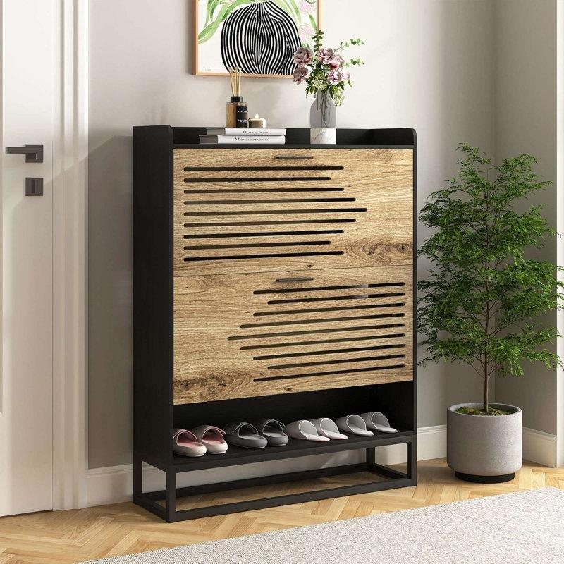 Siyah Meşe Metal ve Endüstriyel Ahşap 2 Düşer Kapaklı Havalandırmalı Ayakkabılık - 80x24x105 cm - 120865