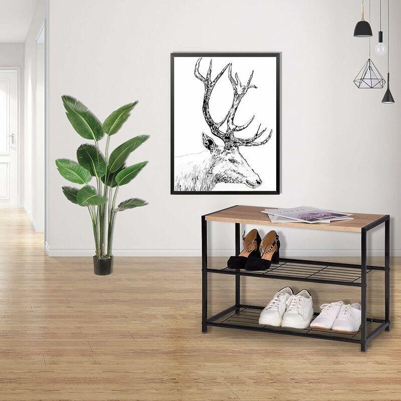 Siyah Metal 2 Raflı Oturaklı Ahşap Ayakkabılık - 63x30x43 cm - 119296