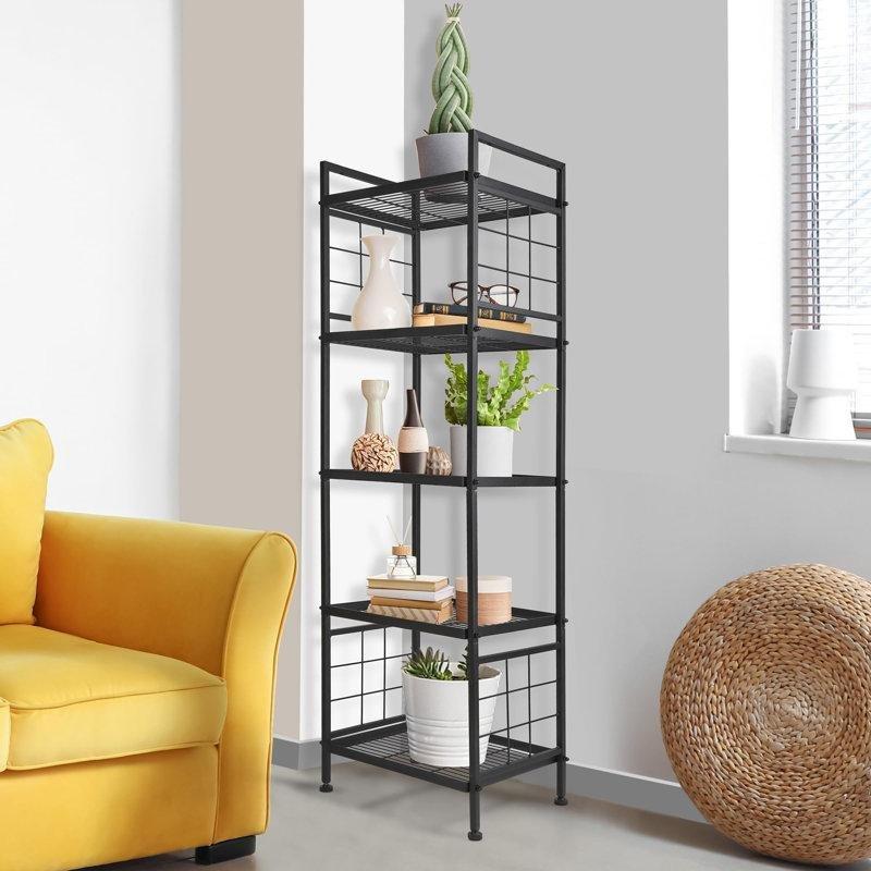 Siyah Metal 5 Raflı Ayarlanabilir Ayaklı Ferforje Banyo Dolabı-136x43x33 cm - 114166