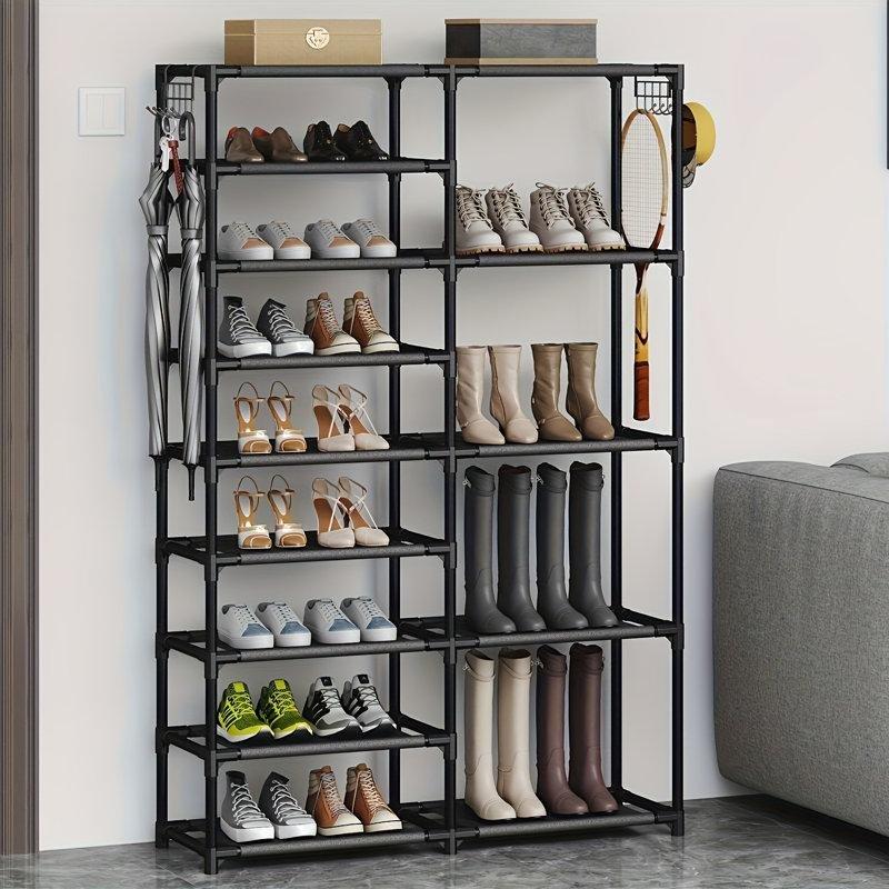 Siyah Metal 9 Raflı Çizme Bölmeli ve Askılı Ferforje Ayakkabılık - 90x28x141 cm - 121096