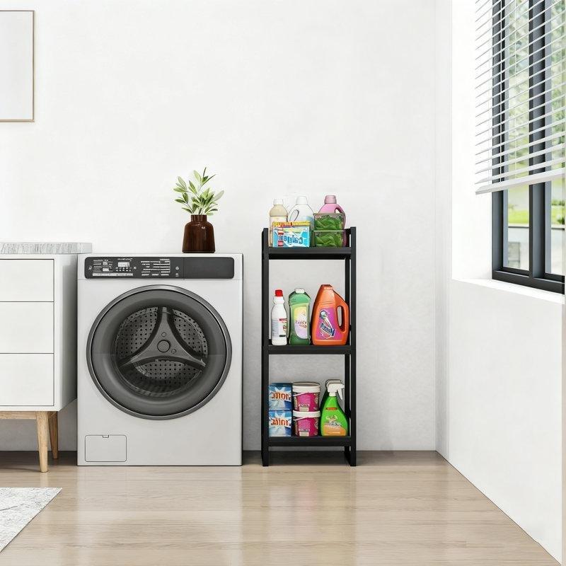 Siyah Metal Ahşap Görünümlü 3 Raflı Ferforje Banyo Dolabı-86x30x30 cm - 114172