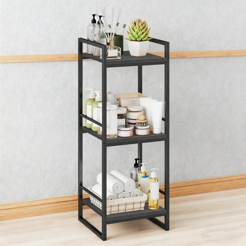 Siyah Metal Ahşap Görünümlü 3 Raflı Ferforje Banyo Dolabı-86x30x30 cm - 114172