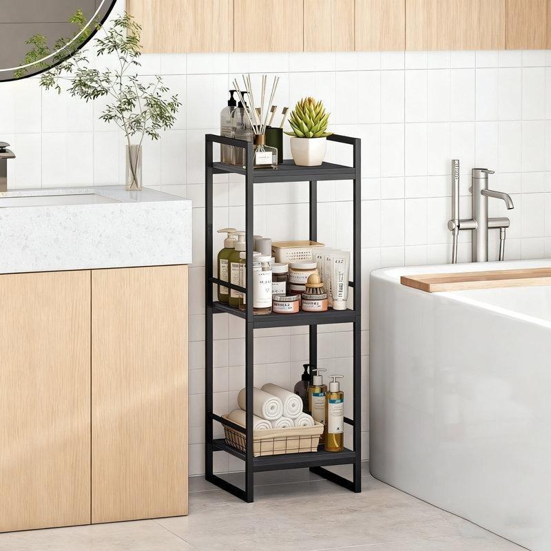 Siyah Metal Ahşap Görünümlü 3 Raflı Ferforje Banyo Dolabı-86x30x30 cm - 114172