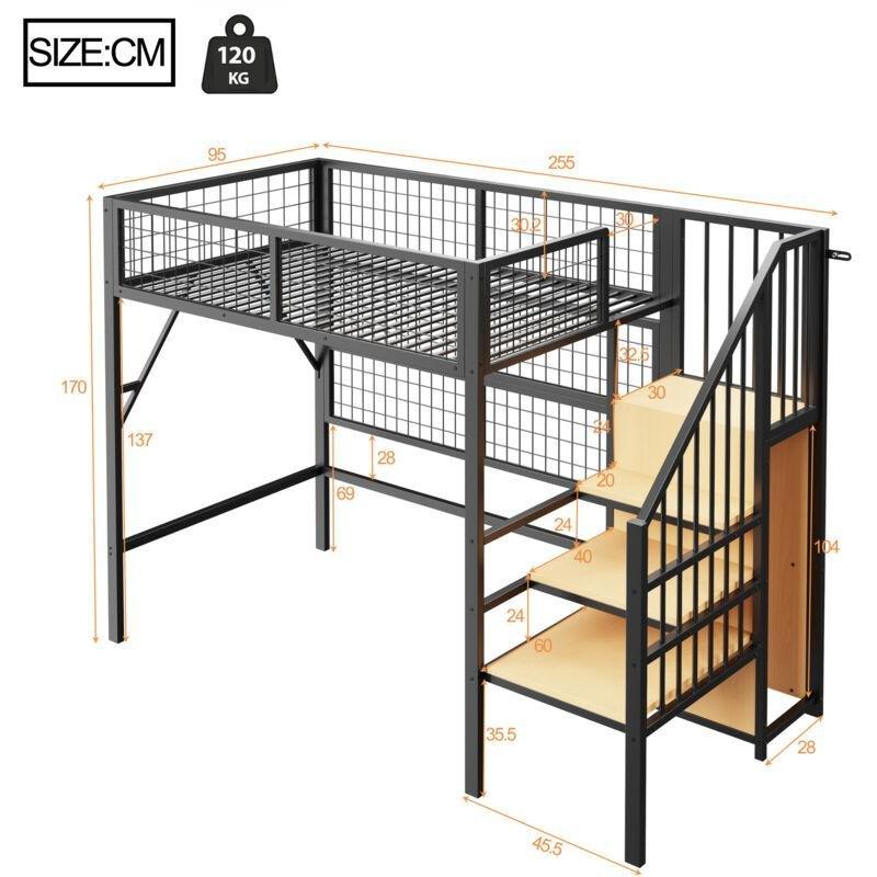 Siyah Metal APP Kontrollü LED Aydınlatmalı ve Dolaplı Merdivenli Altı Boş Ranza - 95x255x170 cm - 124891