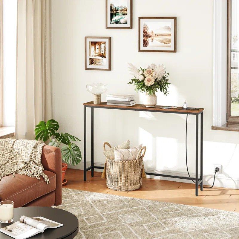 Siyah Metal Ayaklı Endüstriyel Ahşap Priz ve USB Girişli İnce Tasarım Dresuar - 120x15x80 cm - 132912