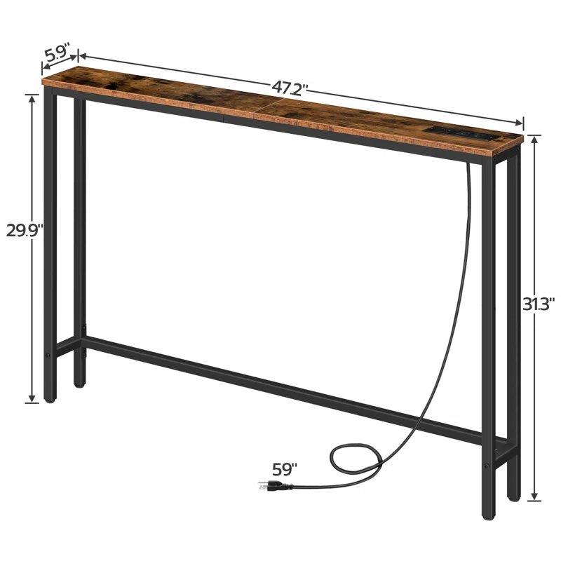 Siyah Metal Ayaklı Endüstriyel Ahşap Priz ve USB Girişli İnce Tasarım Dresuar - 120x15x80 cm - 132912