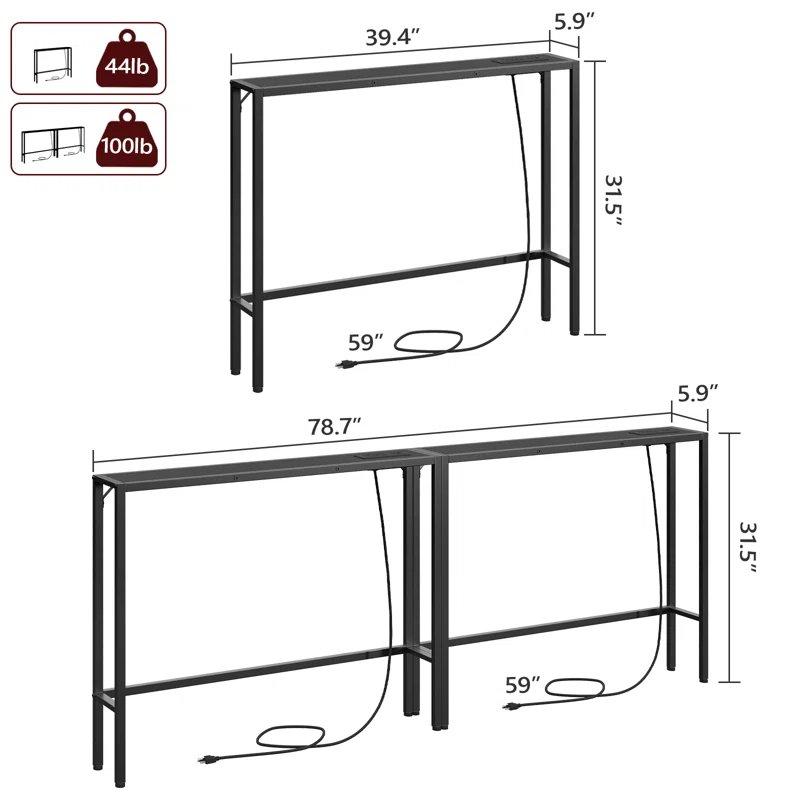 Siyah Metal Ayaklı Priz ve USB Çıkışlı Endüstriyel Ahşap 2li Set Koltuk Arkası Dresuar - 200x15 cm - 132015