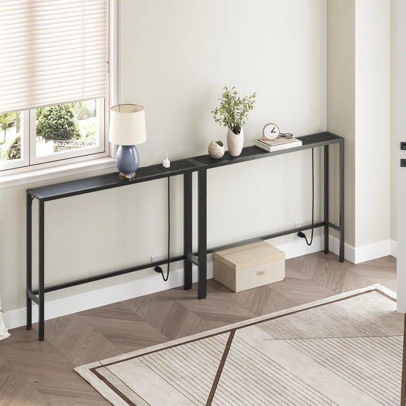 Siyah Metal Ayaklı Priz ve USB Çıkışlı Endüstriyel Ahşap 2li Set Koltuk Arkası Dresuar - 200x15 cm - 132015