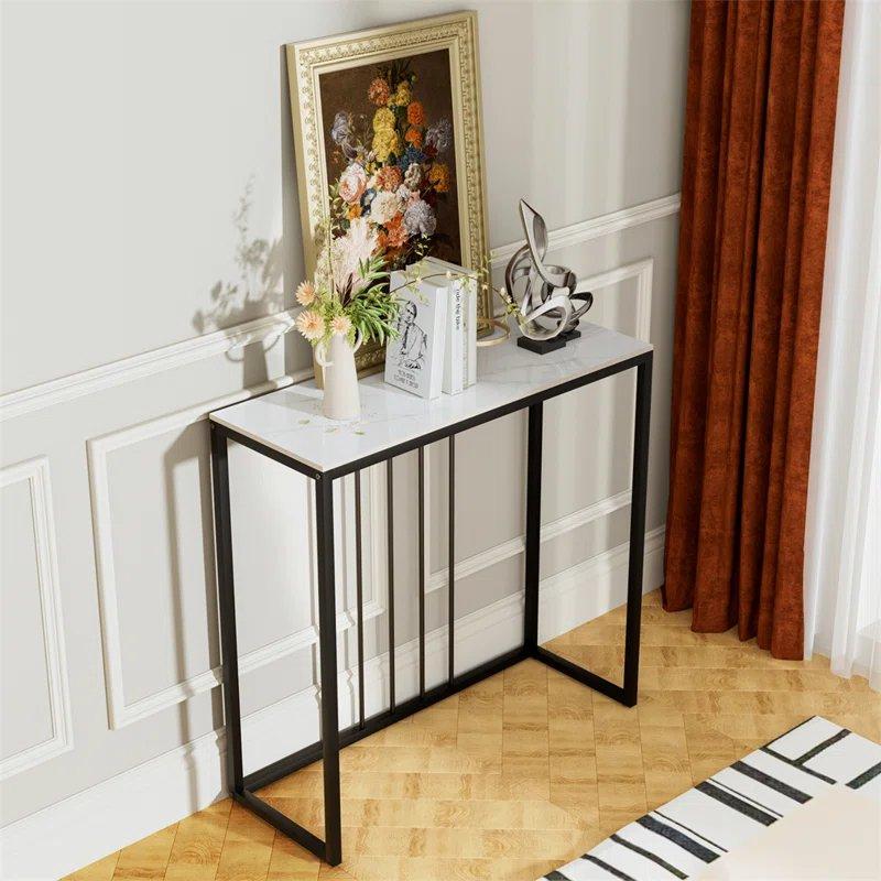 Siyah Metal Ayaklı Sinterlenmiş Taş Dikdörtgen Mermer Dresuar - 80x30x79 cm - 132439