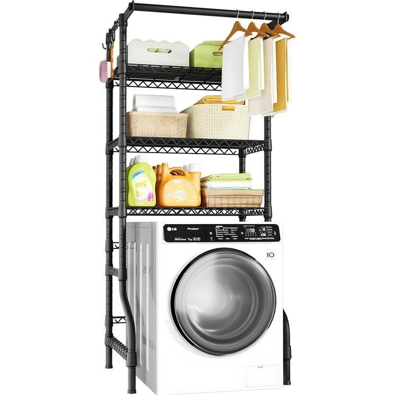 Siyah Metal Ayarlanabilir Raflı Kurutma Çubuklu Çamaşır makinesi dolabı-198x80x51 cm - 117834