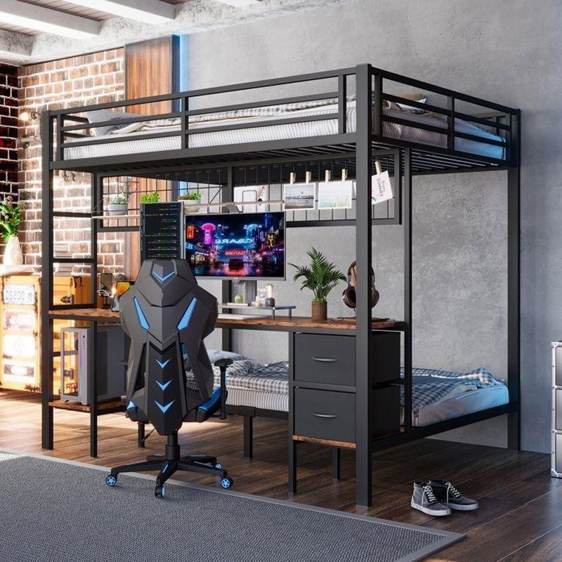 Siyah Metal Çalışma Masalı Çekmeceli ve LED Işıklı Gamer Ranza - 204x145x180 cm - 125932