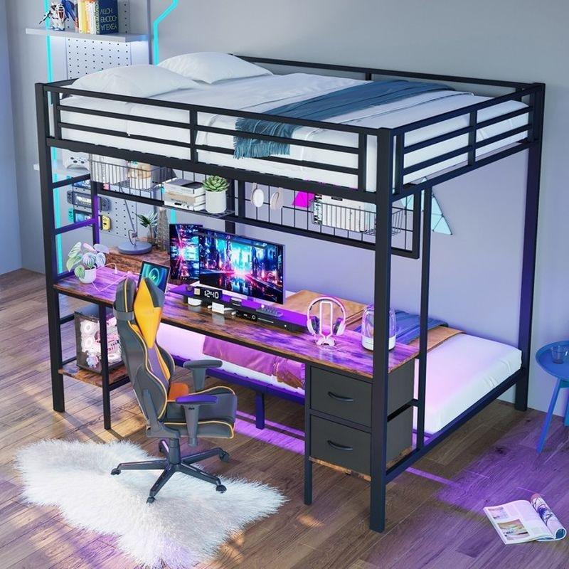 Siyah Metal Çalışma Masalı Çekmeceli ve LED Işıklı Gamer Ranza - 204x145x180 cm - 125932