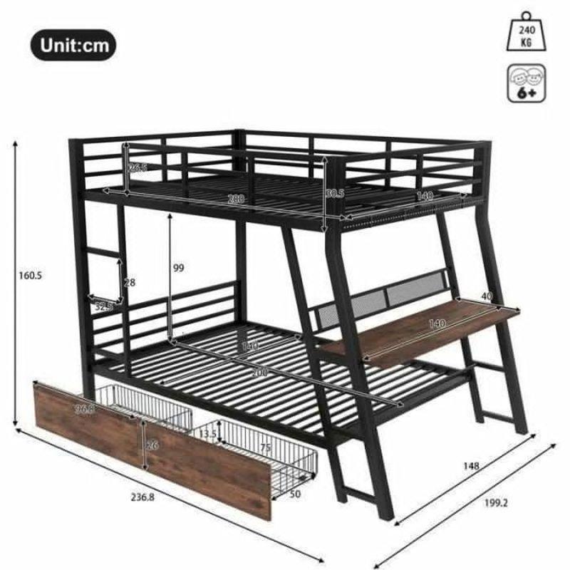 Siyah Metal Çalışma Masalı Çekmeceli ve LED Işıklı Ranza - 140x200 cm - 125929