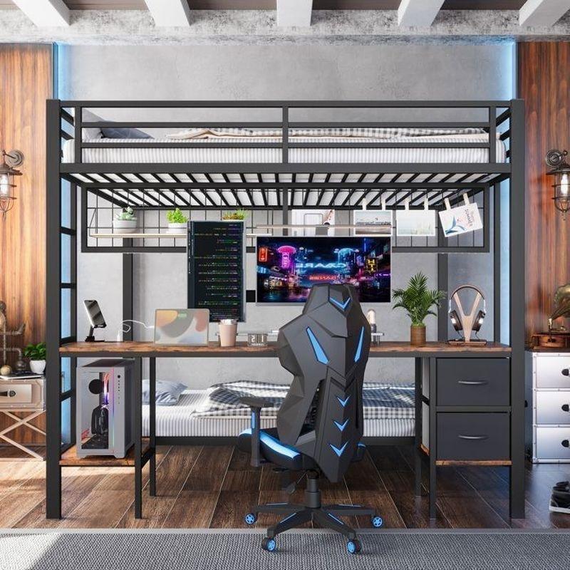 Siyah Metal Çalışma Masalı LED Aydınlatmalı ve Çekmeceli Ranza - 90x200 ve 140x200 cm - 125527