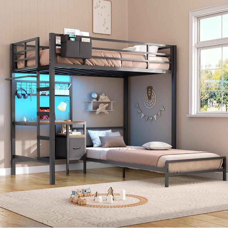 Siyah Metal Çalışma Masalı LED Işıklı ve Şarj İstasyonlu L Tipi Ranza - 195x199 cm - 124569