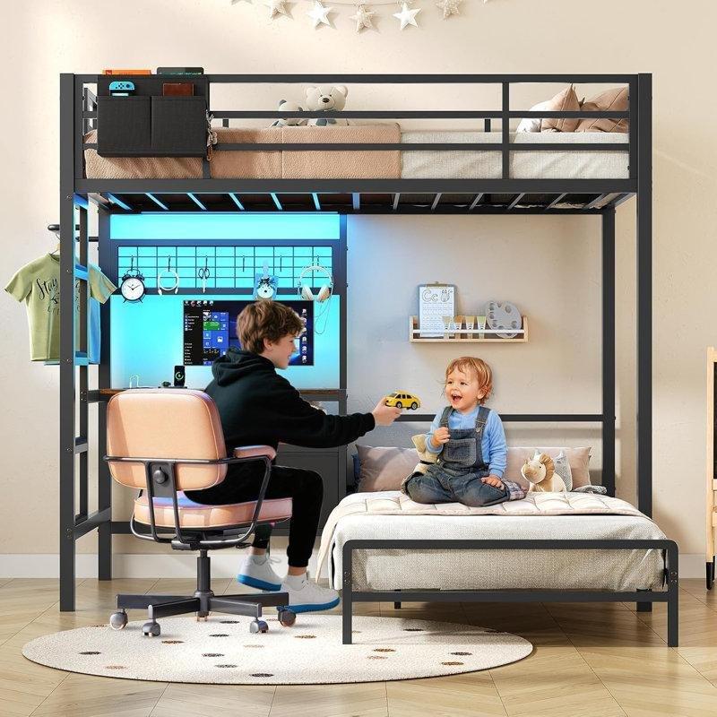 Siyah Metal Çalışma Masalı LED Işıklı ve Şarj İstasyonlu L Tipi Ranza - 195x199 cm - 124569