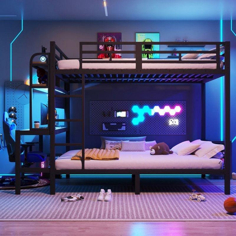 Siyah Metal Çalışma Masalı LED Işıklı ve USB Girişli Oyuncu Ranzası - 140x200 cm - 125899