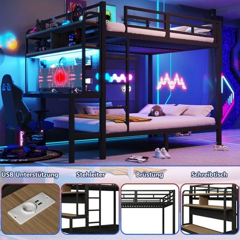 Siyah Metal Çalışma Masalı LED Işıklı ve USB Girişli Oyuncu Ranzası - 140x200 cm - 125899