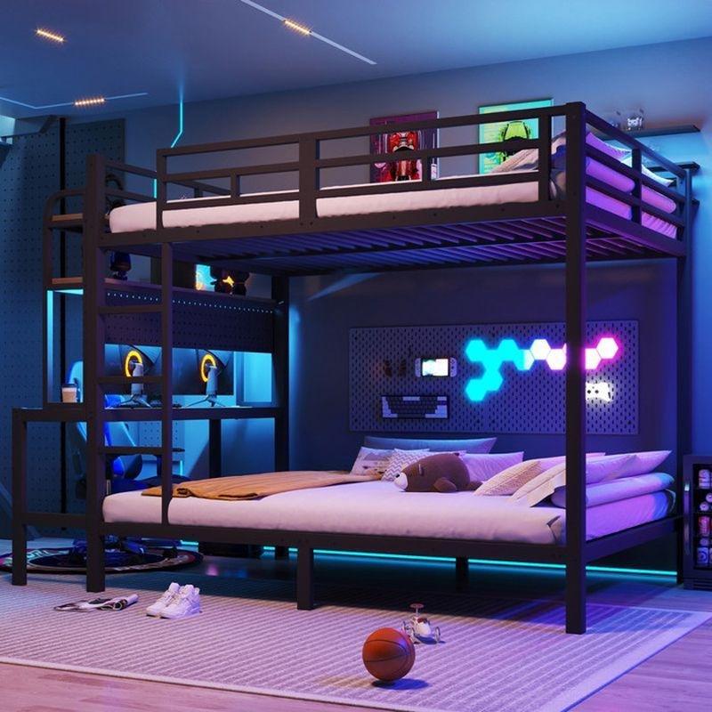 Siyah Metal Çalışma Masalı LED Işıklı ve USB Girişli Oyuncu Ranzası - 140x200 cm - 125899