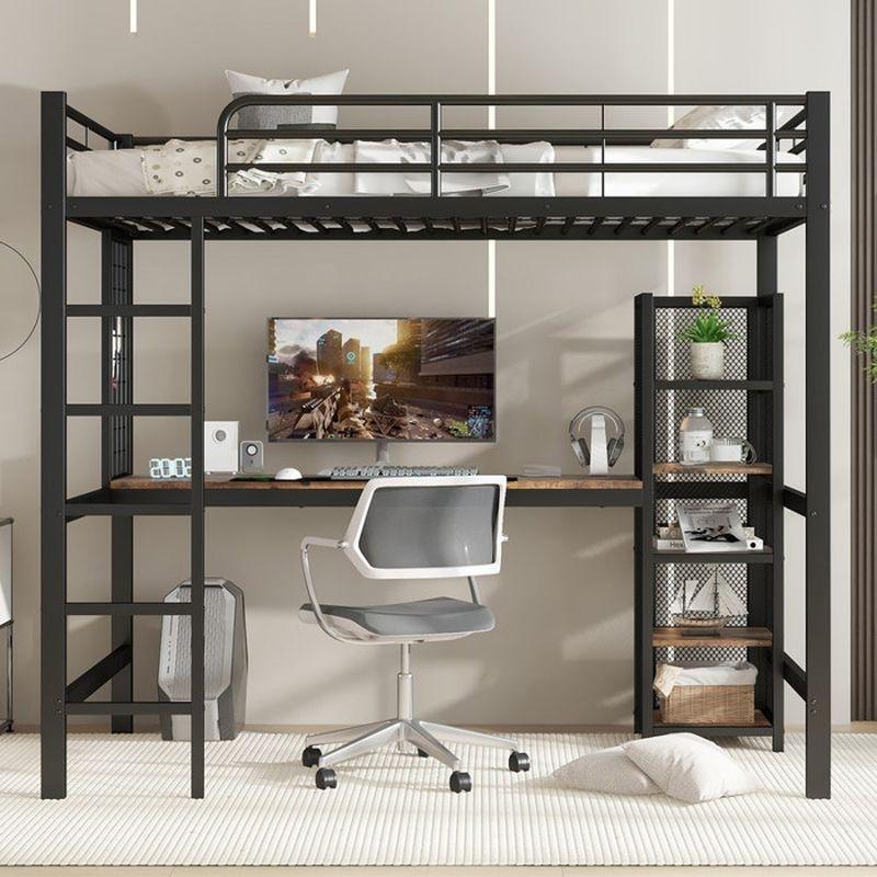 Siyah Metal Çalışma Masalı ve 5 Raflı Ranza - 90x200 cm - 125716