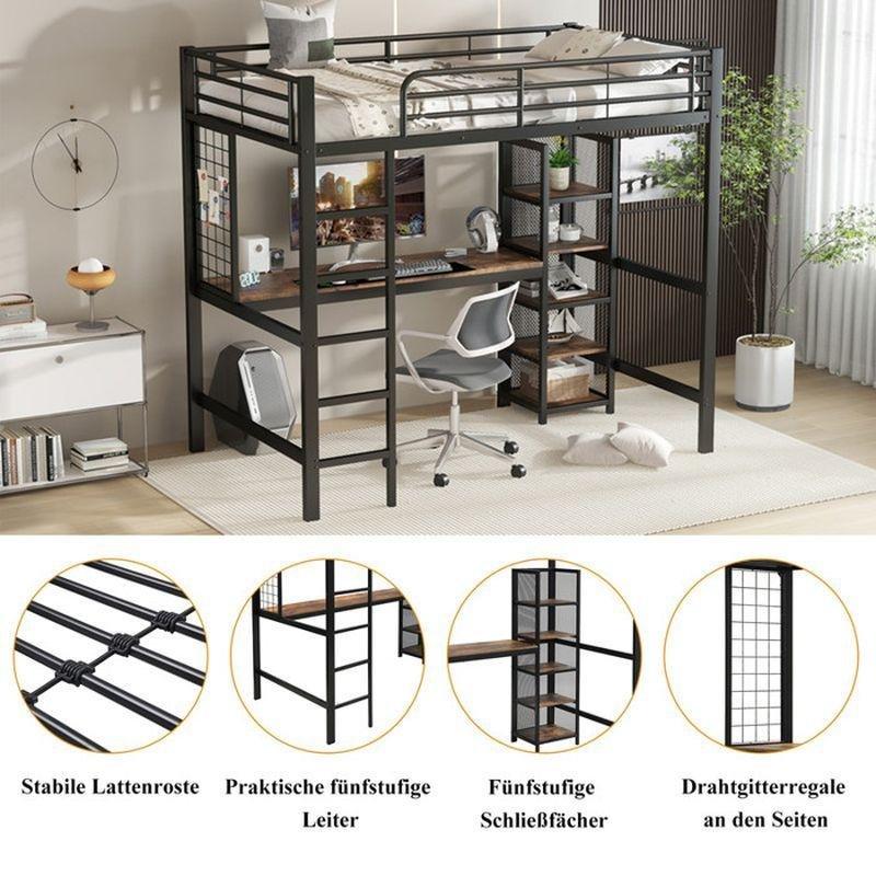 Siyah Metal Çalışma Masalı ve 5 Raflı Ranza - 90x200 cm - 125716