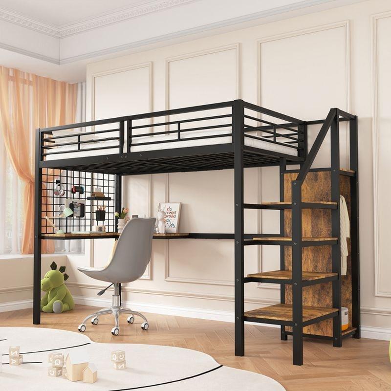 Siyah Metal Çalışma Masalı ve Depolama Merdivenli Ranza - 90x200 cm - 125818
