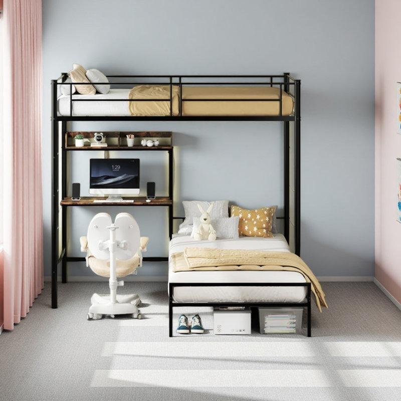 Siyah Metal Çalışma Masalı ve Kitaplıklı L Tipi Ranza - 199x198x184 cm - 124446