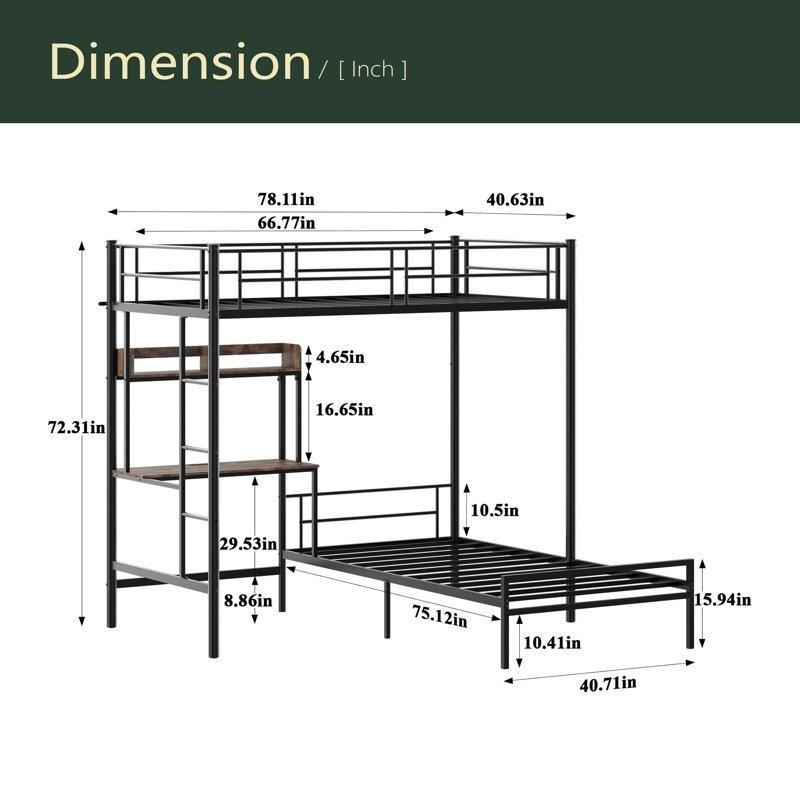 Siyah Metal Çalışma Masalı ve Kitaplıklı L Tipi Ranza - 199x198x184 cm - 124446