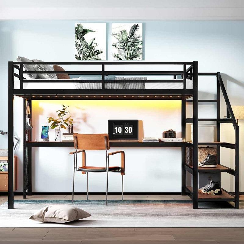 Siyah Metal Çalışma Masalı ve Merdivenli LED Işıklı USB Girişli Ranza - 154x251 cm - 124236