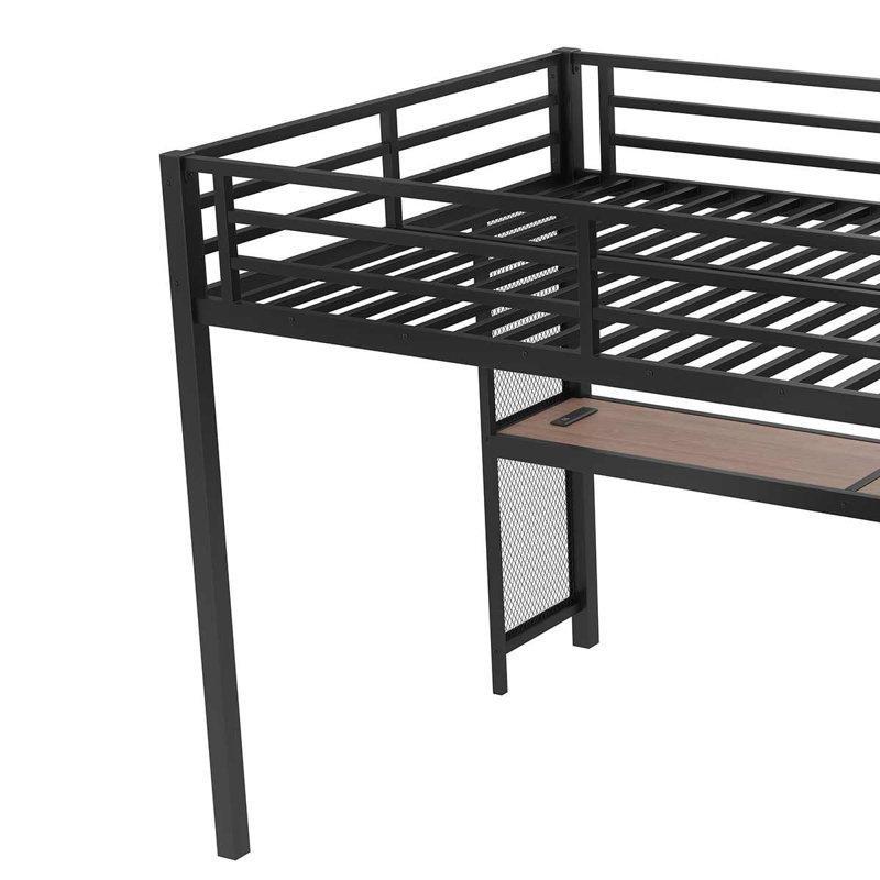 Siyah Metal Çalışma Masalı ve Merdivenli LED Işıklı USB Girişli Ranza - 154x251 cm - 124236