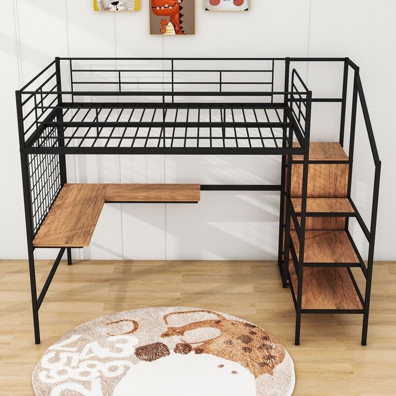Siyah Metal Çalışma Masalı ve Raflı Merdivenli Ranza - 143x239 cm - 124311