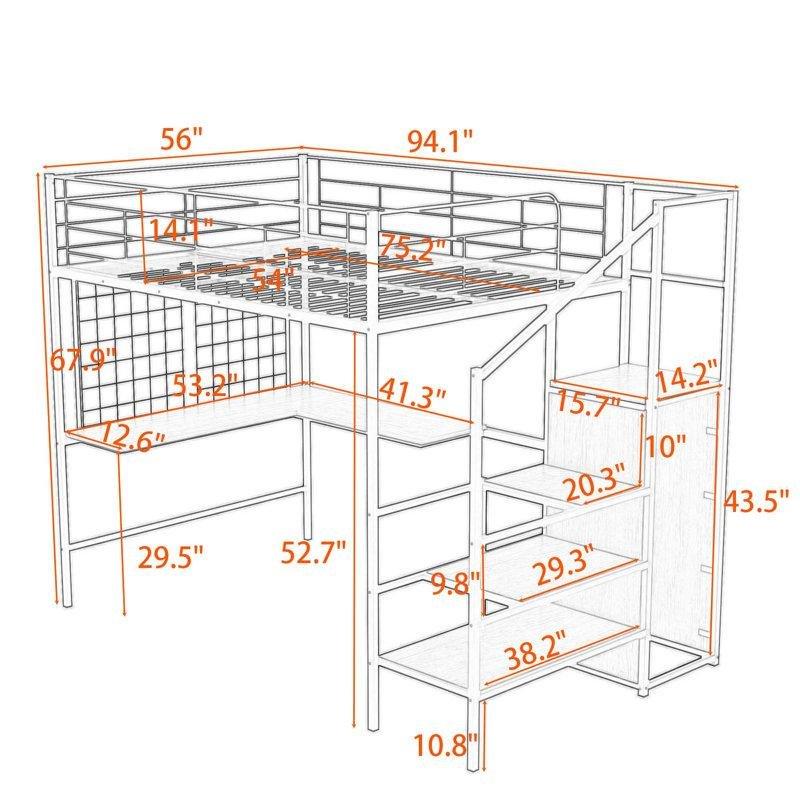 Siyah Metal Çalışma Masalı ve Raflı Merdivenli Ranza - 143x239 cm - 124311