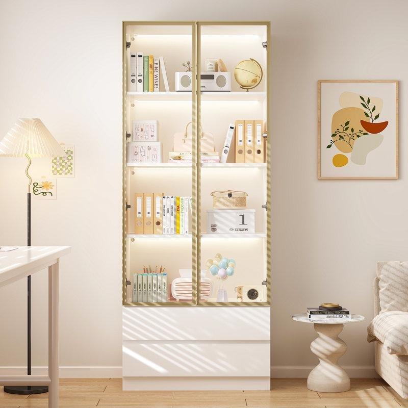 Siyah Metal Çerçeveli LED Aydınlatmalı Çekmeceli Cam Kapaklı Kitaplık - 200x80x37 cm - 141553