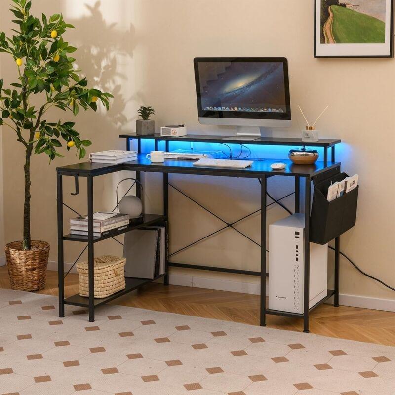 Siyah Metal Endüstriyel Ahşap Ledli USB ve Prizli Köşe Bilgisayar Masası-80x120x87 cm - 115370