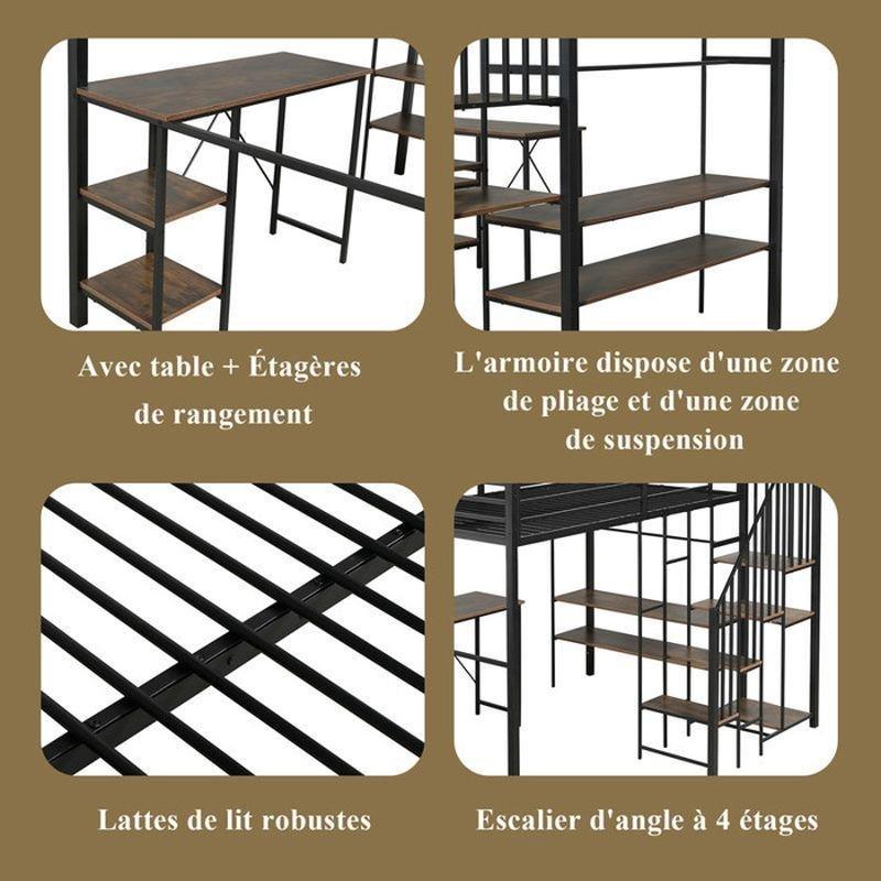 Siyah Metal Entegre Çalışma Masalı ve Raflı Merdivenli Ranza - 120x200 cm - 125746