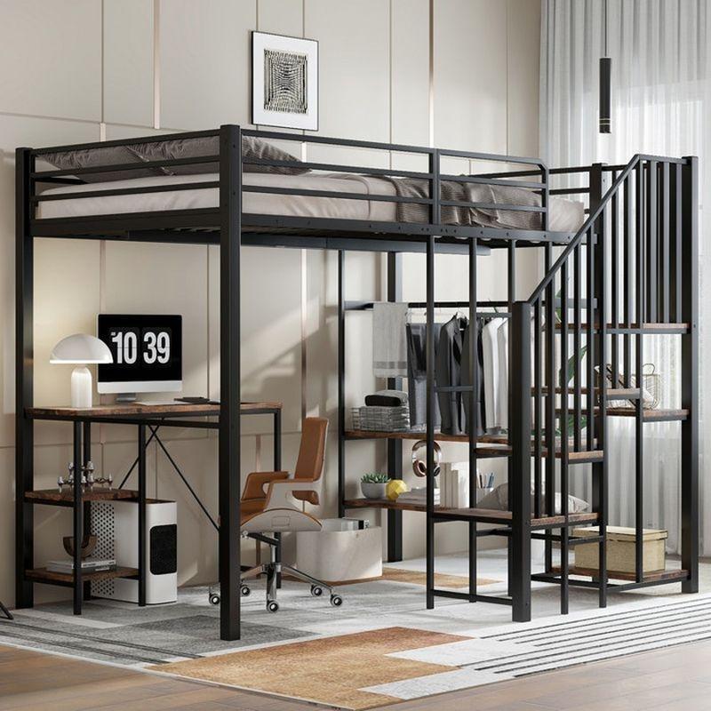 Siyah Metal Entegre Çalışma Masalı ve Raflı Merdivenli Ranza - 120x200 cm - 125746