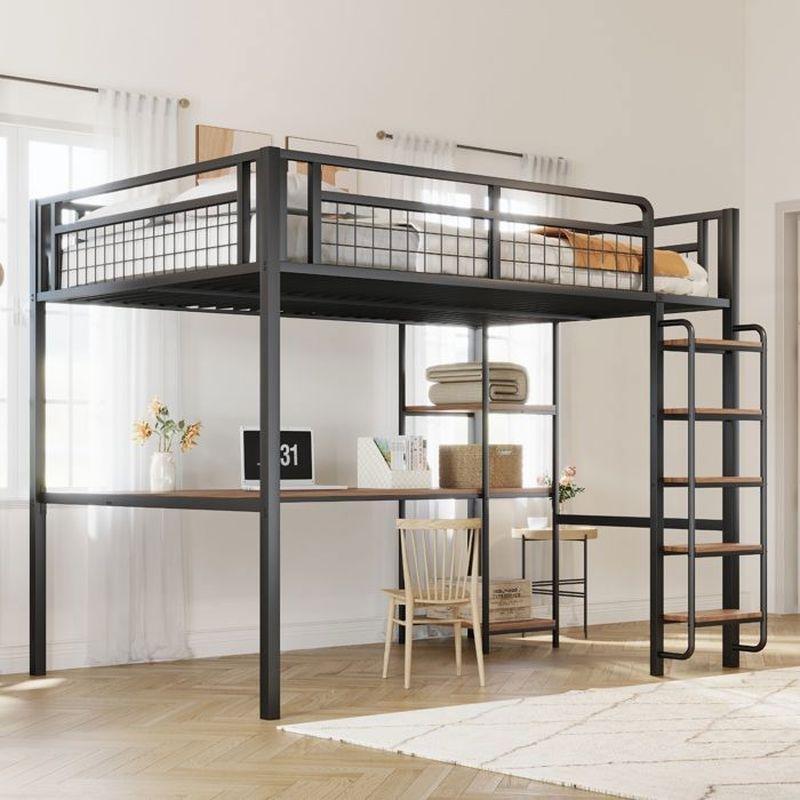 Siyah Metal Entegre Çalışma Masalı ve Raflı Örgü Korumalı Ranza - 140x200 cm - 125722