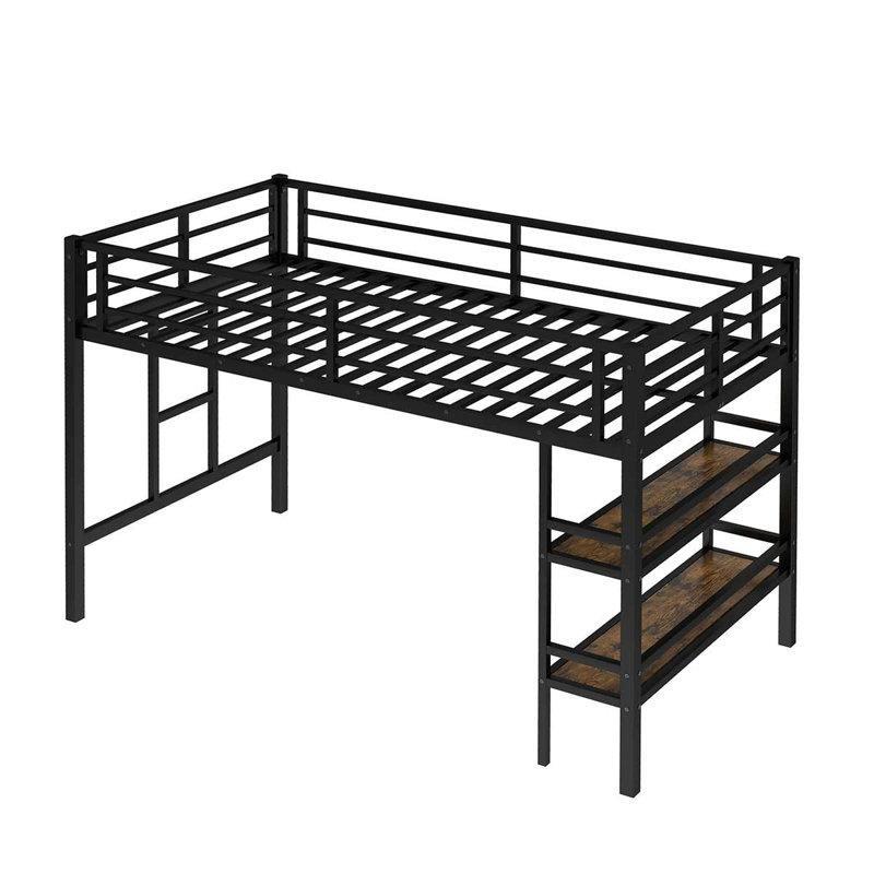 Siyah Metal Entegre Raflı ve Merdivenli Altı Boş Ranza - 108x197 cm - 124185
