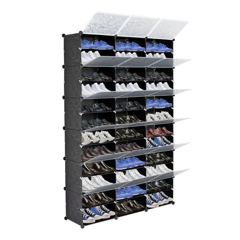 Siyah Metal İskeletli 36 Bölmeli Kapaklı Modüler Plastik Ayakkabılık - 122x32x180 cm - 120997