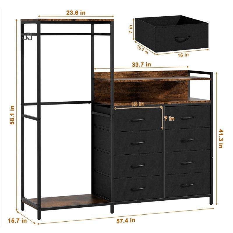 Siyah Metal İskeletli LED Işıklı ve Şarj İstasyonlu Askılık Entegreli 8 Çekmeceli Şifonyer - 146x40x148 cm - 122620