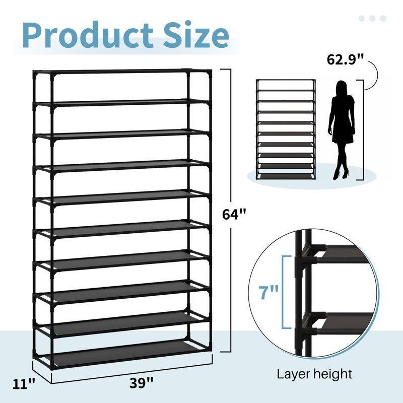 Siyah Metal İskeletli Su Geçirmez Kumaş Raflı İstiflenebilir Ferforje Ayakkabılık - 100x31x163 cm - 121153