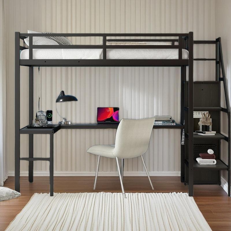 Siyah Metal L Çalışma Masalı Dolaplı ve Merdivenli LED Aydınlatmalı Ranza - 144x238 cm - 124413