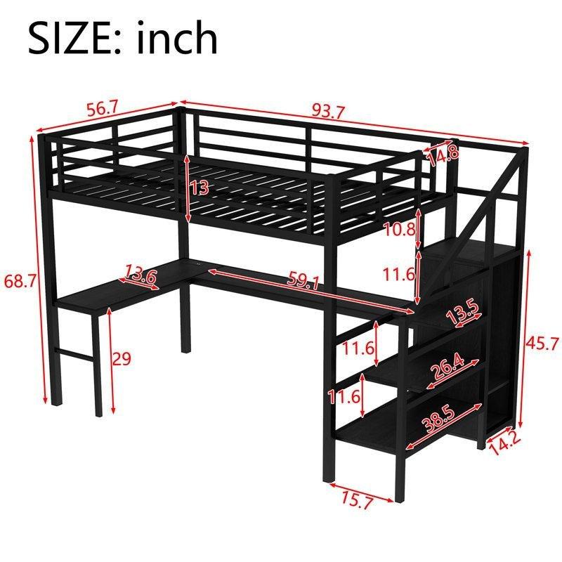 Siyah Metal L Çalışma Masalı Dolaplı ve Merdivenli LED Aydınlatmalı Ranza - 144x238 cm - 124413