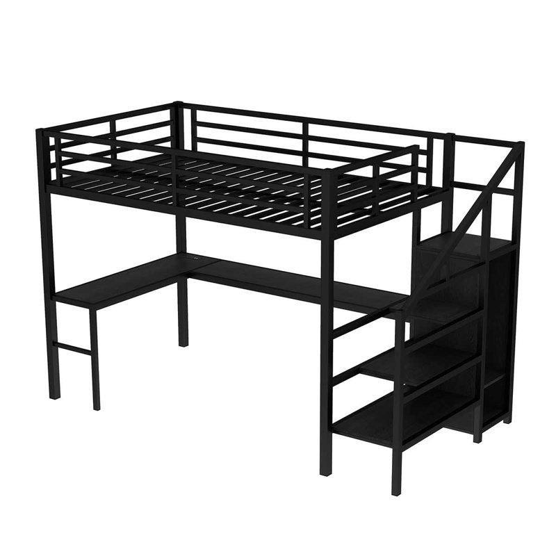 Siyah Metal L Çalışma Masalı Dolaplı ve Merdivenli LED USB Özellikli Ranza - 238x145x175 cm - 124767