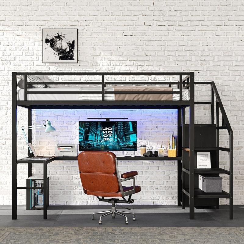 Siyah Metal L Çalışma Masalı Entegre Dolaplı ve Merdivenli USB LED Özellikli Ranza - 145x238 cm - 124278
