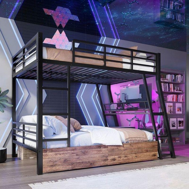 Siyah Metal LED Aydınlatmalı Çalışma Masalı ve Çekmeceli Ranza - 140x200 cm - 125914