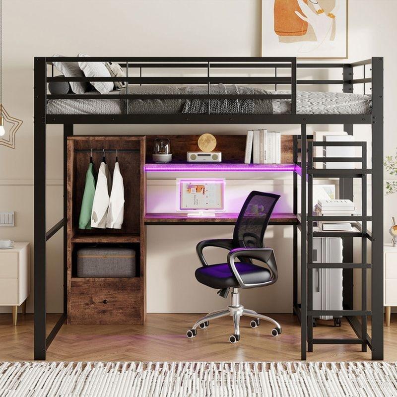 Siyah Metal LED Aydınlatmalı Çalışma Masalı ve Dolaplı Ranza - 140x200 cm - 125791